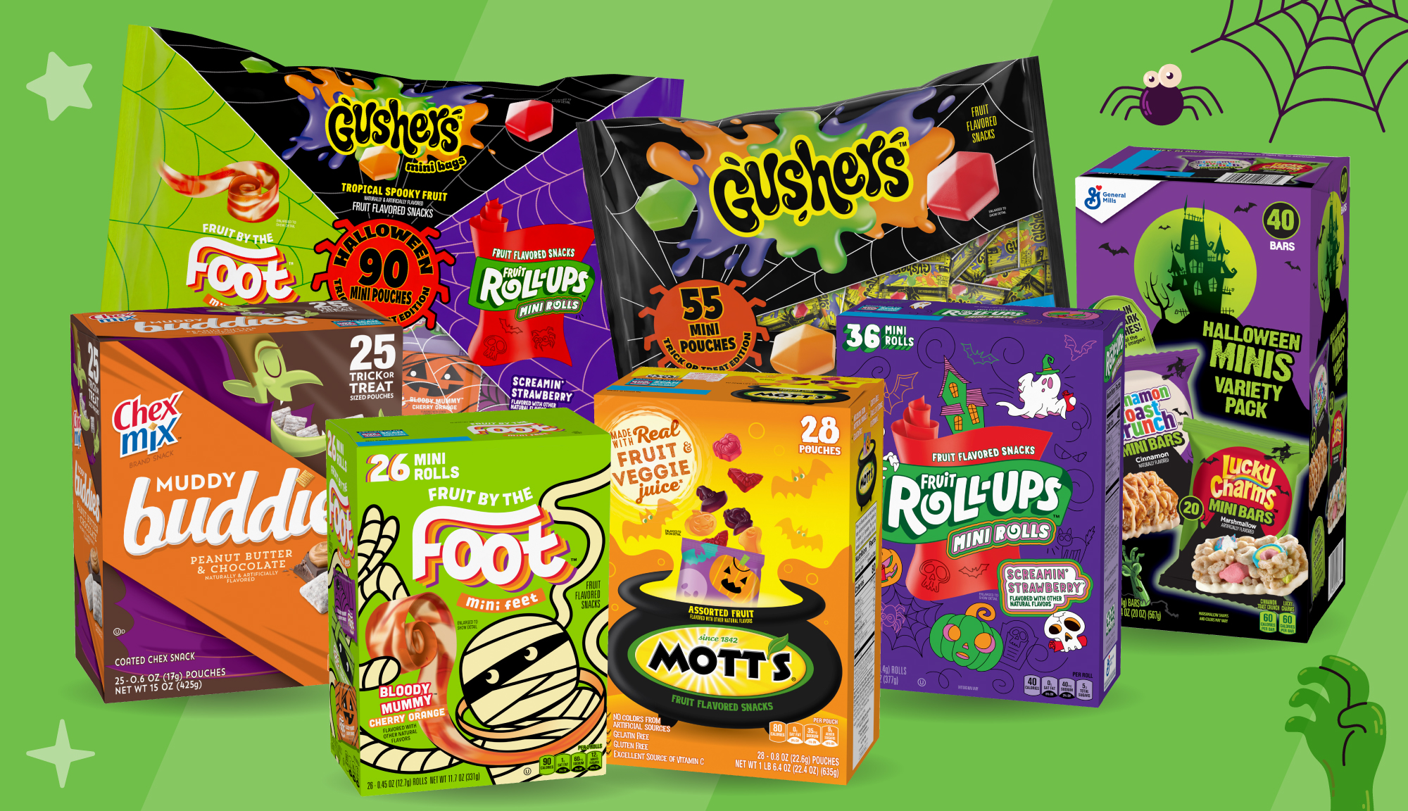 A collection of General Mills products including: Halloween Variety Pack featuring Fruit by the Foot, Gushers and Fruit Roll Ups, Peanut Butter & Chocolate Muddy Buddies Trick-or-Treat Sized Pouches, Mott’s Halloween Fruit Snacks, Bloody Mummy Fruit by the Foot Mini Feet, Tropical Nightmare Gushers Mini Pouches, and Screamin' Strawberry Fruit Roll-Ups Mini Rolls 
