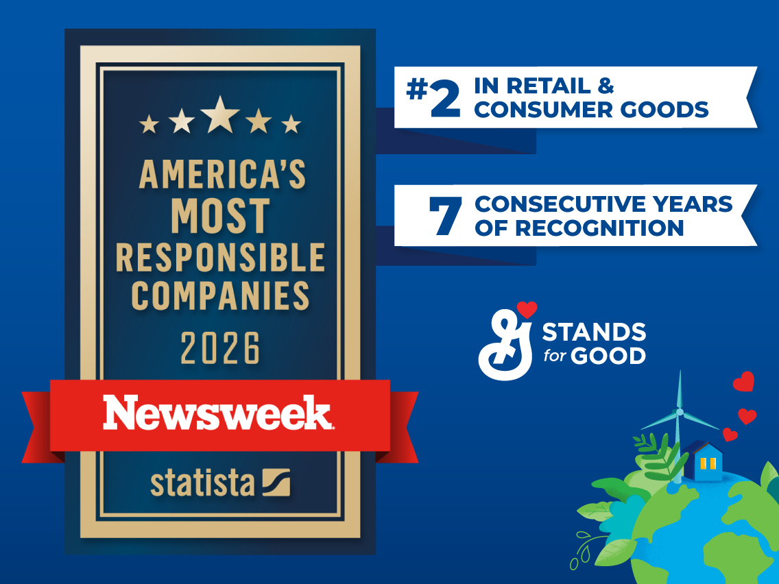 A graphic celebrating General Mills' recognition as one of America's Most Responsible Companies for 2026 by Newsweek and Statista. The central gold plaque highlights "America's Most Responsible Companies 2026" with a red Newsweek banner. To the right, text states "#2 in Retail & Consumer Goods" and "7 Consecutive Years of Recognition." Below these, the General Mills "G Stands for Good" logo is displayed. The bottom right features a stylized Earth with a house, a wind turbine, and green plants, with red hearts floating upwards, symbolizing sustainability and positive impact.