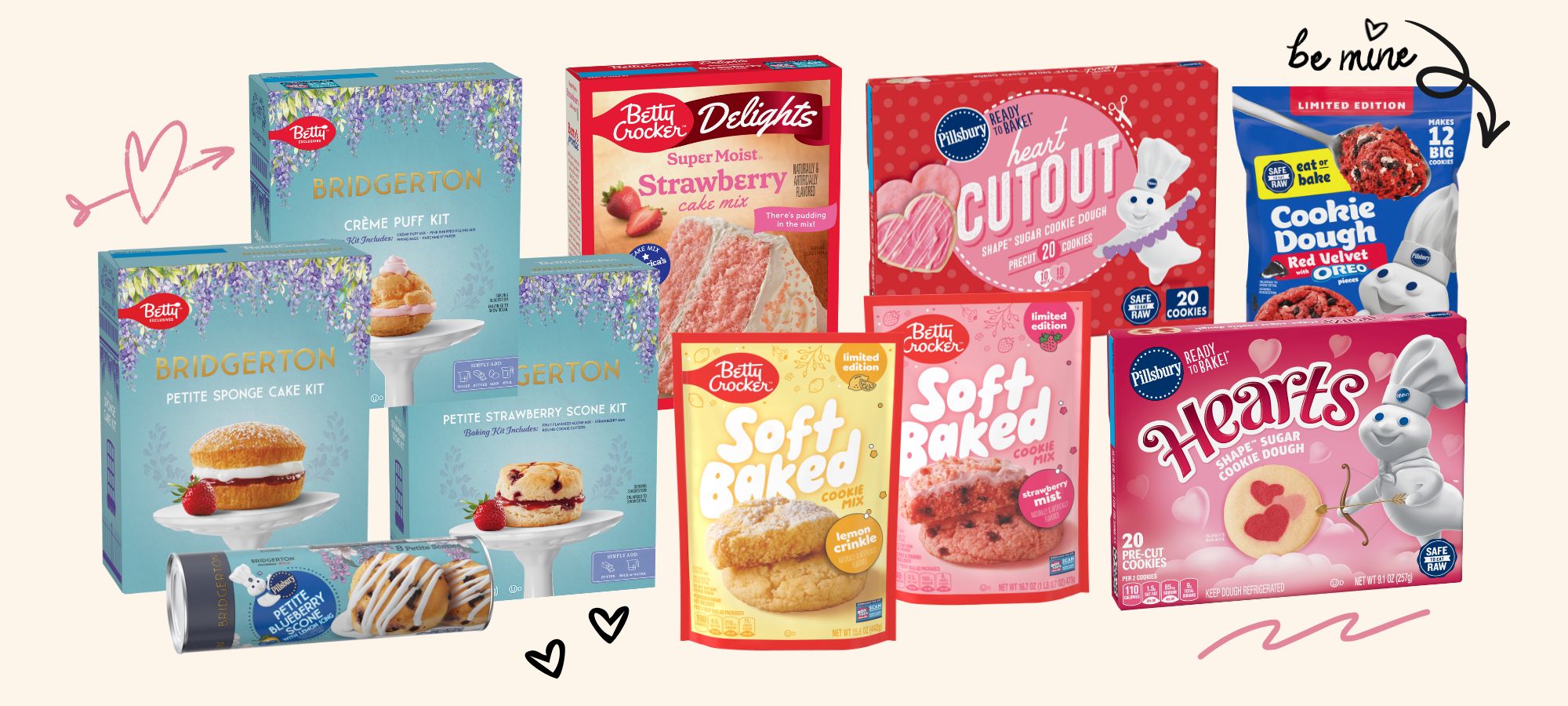 ​​Pillsbury Heart Shape Sugar Cookies, Betty Crocker SuperMoist Strawberry Cake Mix and more featured in front of a pink background with heart doodles. ​ 