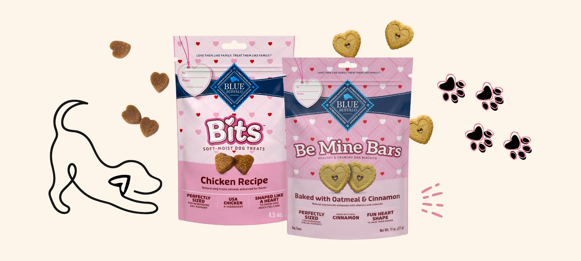 An image showcasing two varieties of Blue Buffalo Valentine's Day themed dog treats. On the left is a pink bag of "Blue Buffalo Bits" soft-moist chicken recipe treats, and on the right is a pink bag of "Blue Buffalo Be Mine Bars" crunchy oatmeal and cinnamon biscuits. The bags are surrounded by heart-shaped treats, illustrated heart-shaped paw prints, and a line drawing of a playful dog.