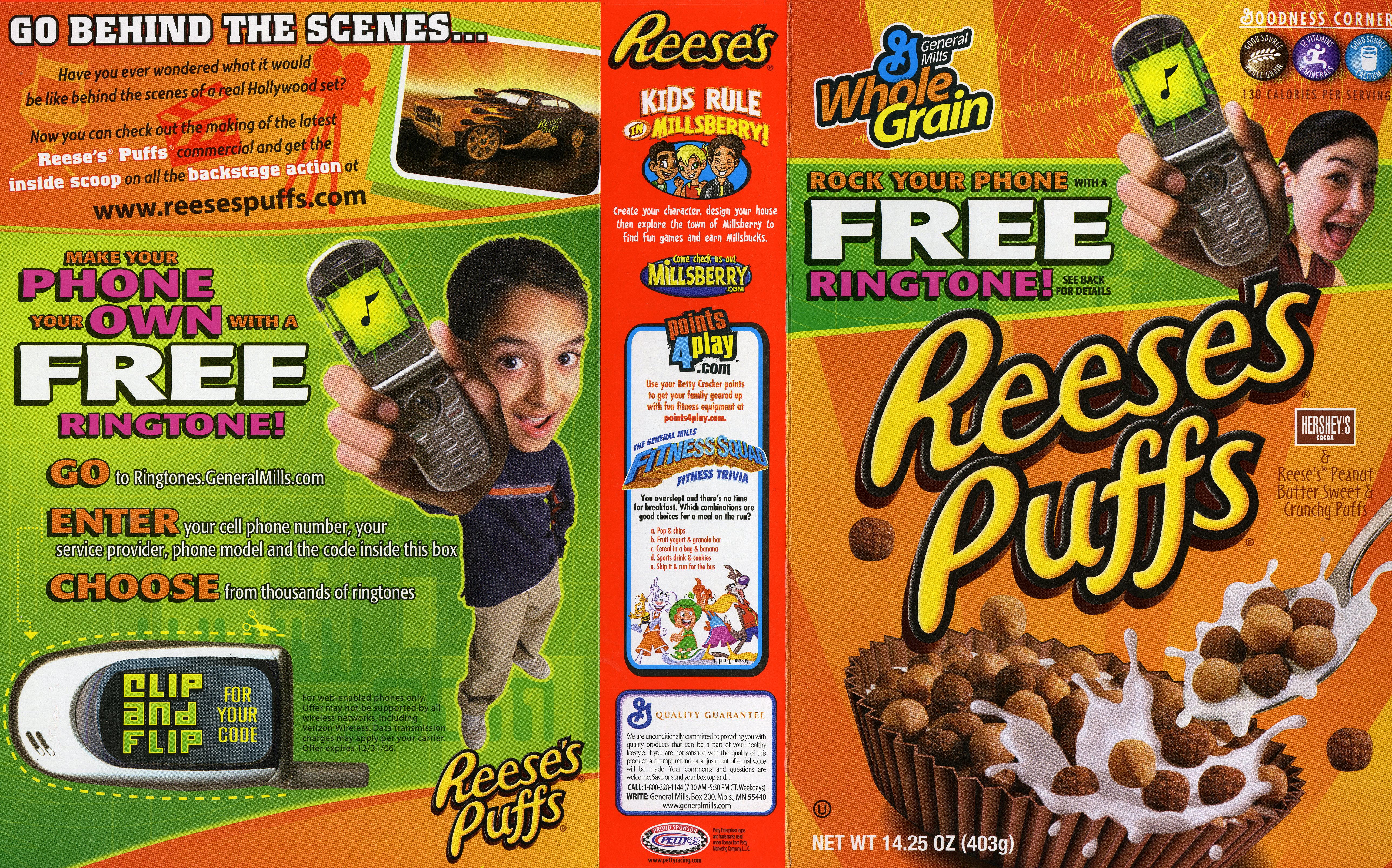 The front and back of a Reese's Puffs cereal box from the early 2000s. The front shows a bowl of the cereal with a milk splash. The back advertises a promotion for a "FREE RINGTONE" and shows a boy and girl holding early model flip phones.