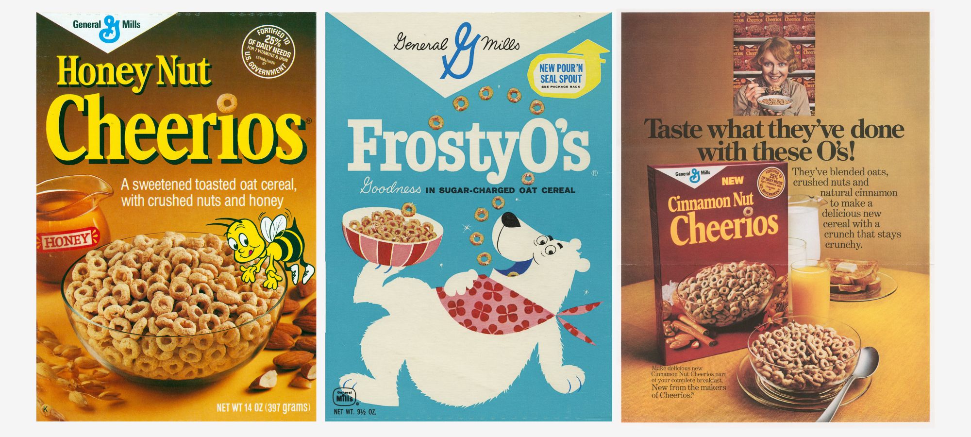 A lineup of three vintage Cheerios cereal boxes. From left to right: a Honey Nut Cheerios box featuring Buzz the Bee, a blue Frosty O's box with a polar bear mascot, and a Cinnamon Nut Cheerios ad showing a smiling boy eating the cereal.